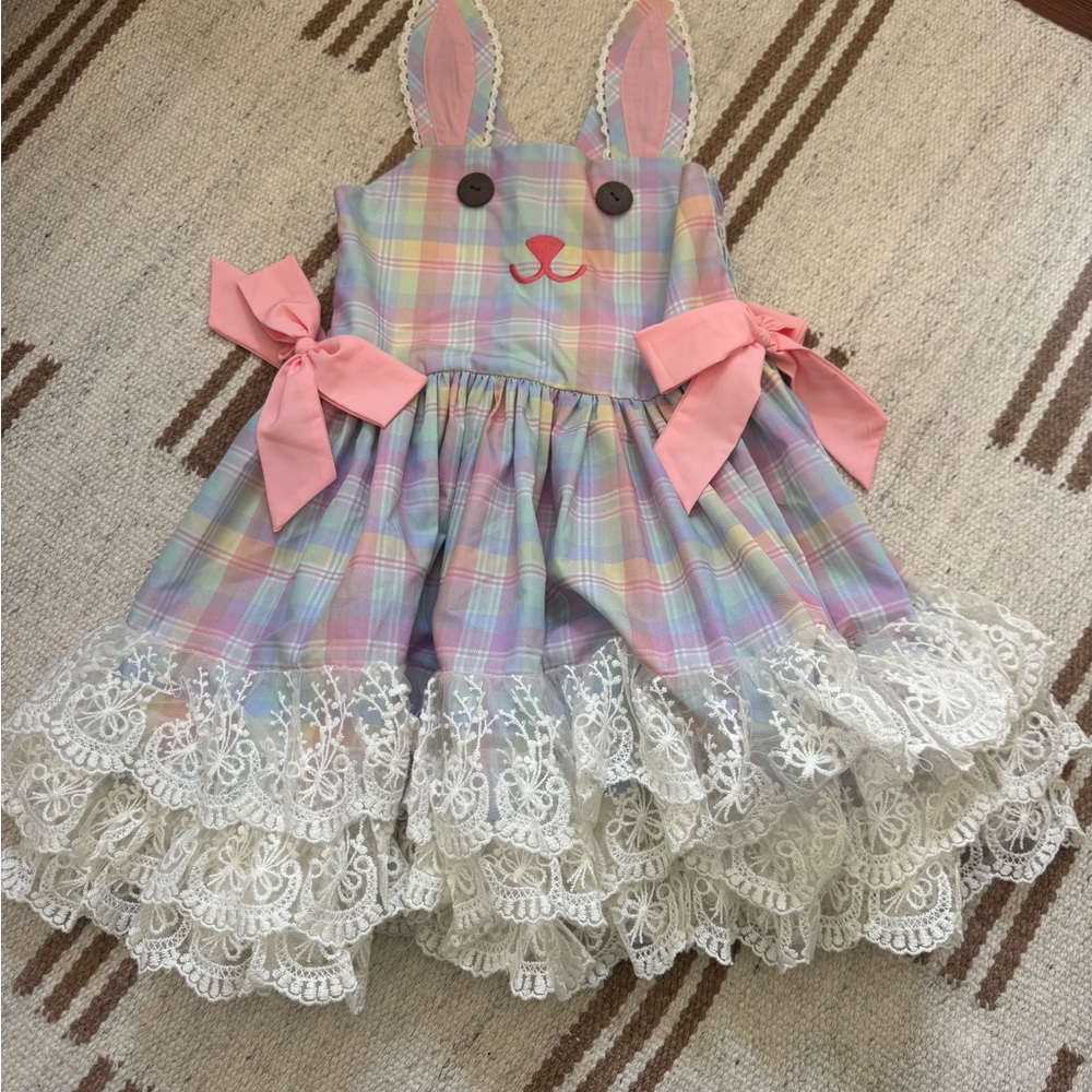 Be Girl Clothing Pastel Plaid Bunny Sundress with Pink Bows - Kids size 7
